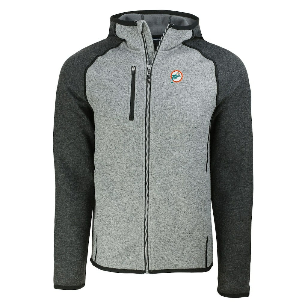Miami Dolphins Cutter & Buck Throwback Mainsail Sweater-Knit Full-Zip Hoodie - Heather Gray/Heather Charcoal - NFL