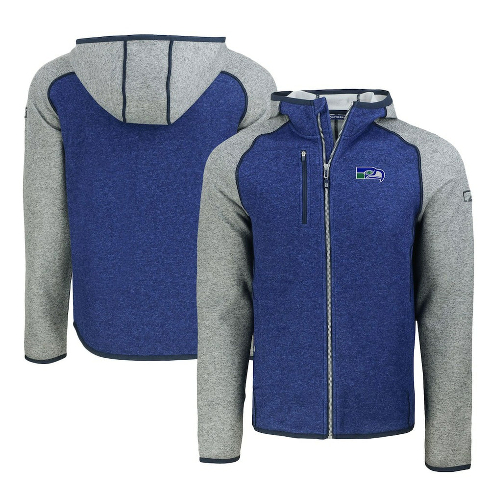 Seattle Seahawks Cutter & Buck Throwback Mainsail Sweater-Knit Full-Zip Hoodie - Heather Blue/Heather Gray - NFL