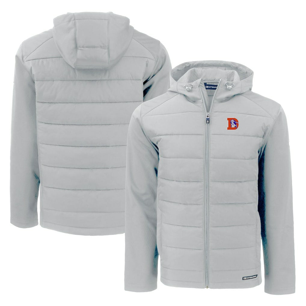 Denver Broncos Cutter & Buck Throwback Evoke Hybrid Eco Softshell Recycled Full-Zip Hoodie Jacket - Gray - NFL