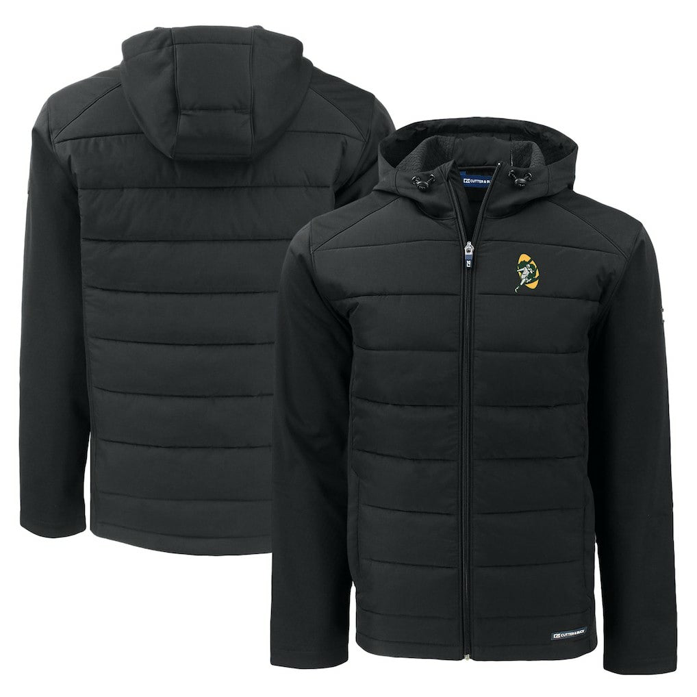 Green Bay Packers Cutter & Buck Throwback Evoke Hybrid Eco Softshell Recycled Full-Zip Hoodie Jacket - Black - NFL