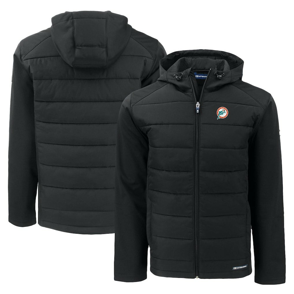 Miami Dolphins Cutter & Buck Throwback Evoke Hybrid Eco Softshell Recycled Full-Zip Hoodie Jacket - Black - NFL