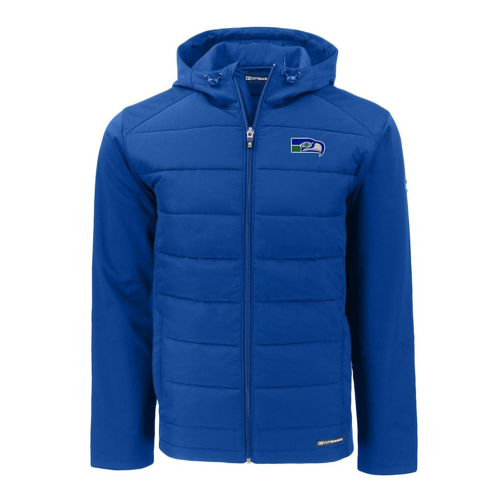 Seattle Seahawks Cutter & Buck Throwback Evoke Hybrid Eco Softshell Recycled Full-Zip Hoodie Jacket - Royal - NFL