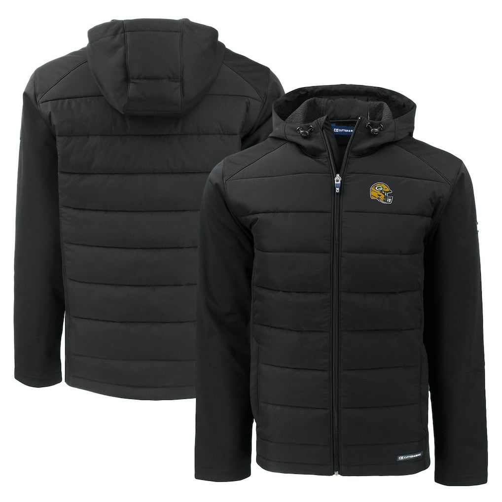 Green Bay Packers Cutter & Buck Helmet Evoke Hybrid Eco Softshell Recycled Full-Zip Hoodie Jacket - Black - NFL