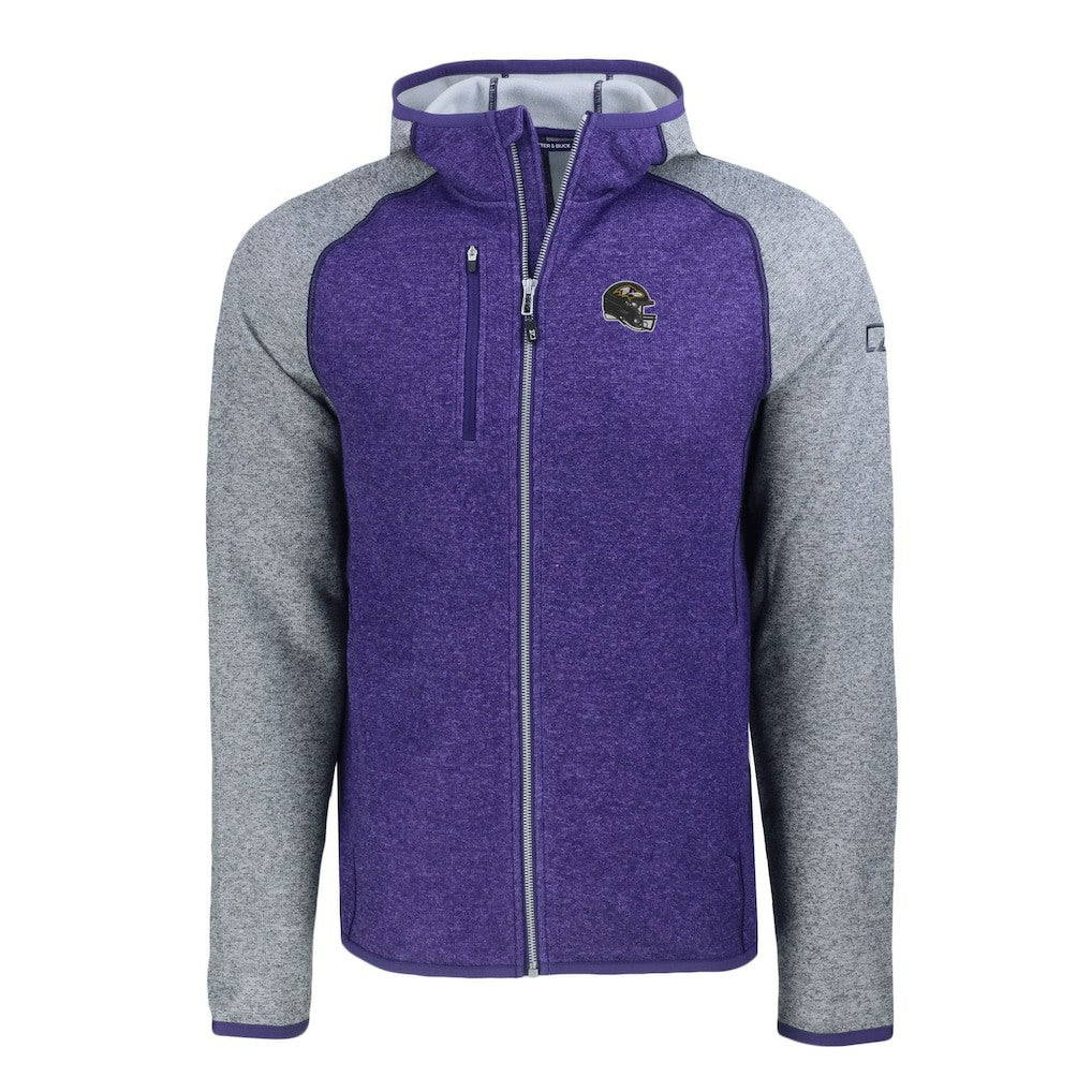 Baltimore Ravens Cutter & Buck Helmet Mainsail Sweater-Knit Full-Zip Hoodie - Heather Purple/Heather Gray - NFL