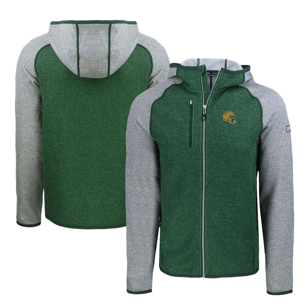Green Bay Packers Cutter & Buck Helmet Mainsail Sweater-Knit Full-Zip Hoodie - Heather Green/Heather Gray - NFL