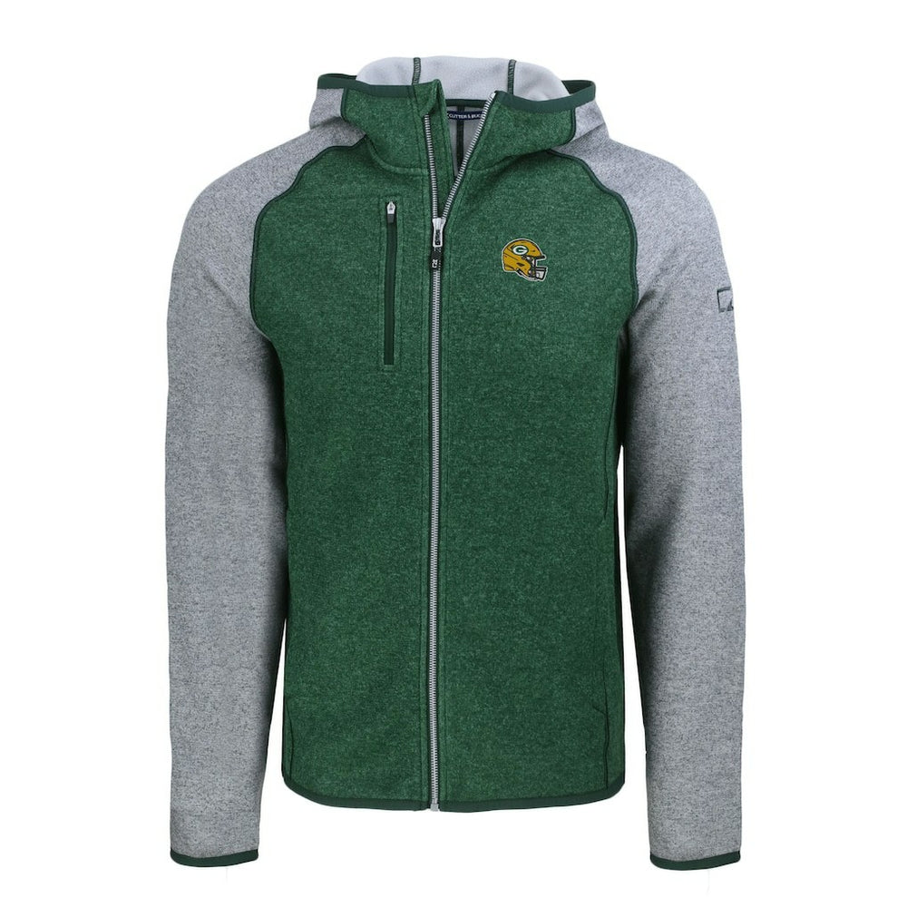Green Bay Packers Cutter & Buck Helmet Mainsail Sweater-Knit Full-Zip Hoodie - Heather Green/Heather Gray - NFL