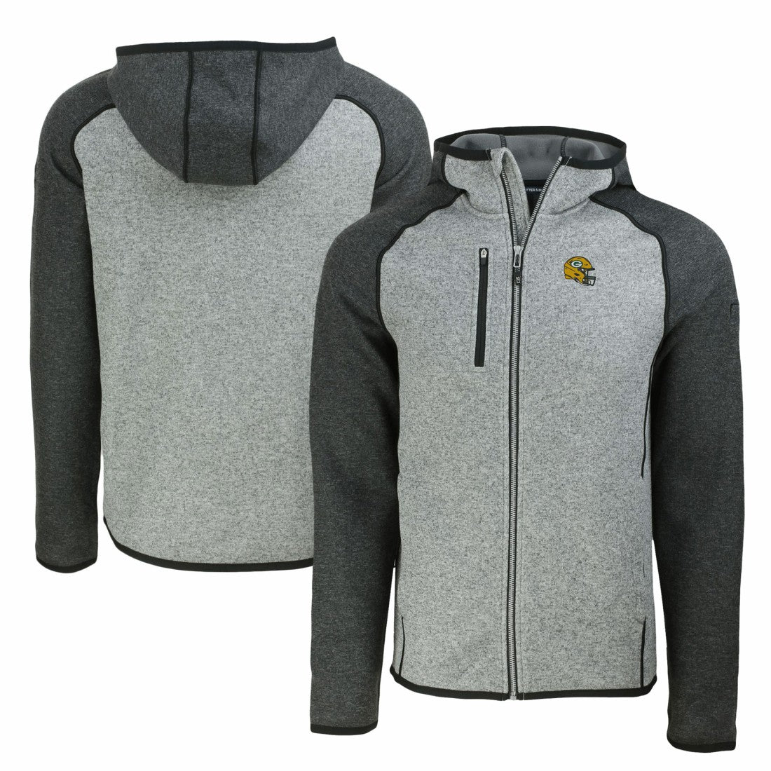 Green Bay Packers Cutter & Buck Helmet Mainsail Sweater-Knit Full-Zip Hoodie - Heather Gray/Heather Charcoal - NFL