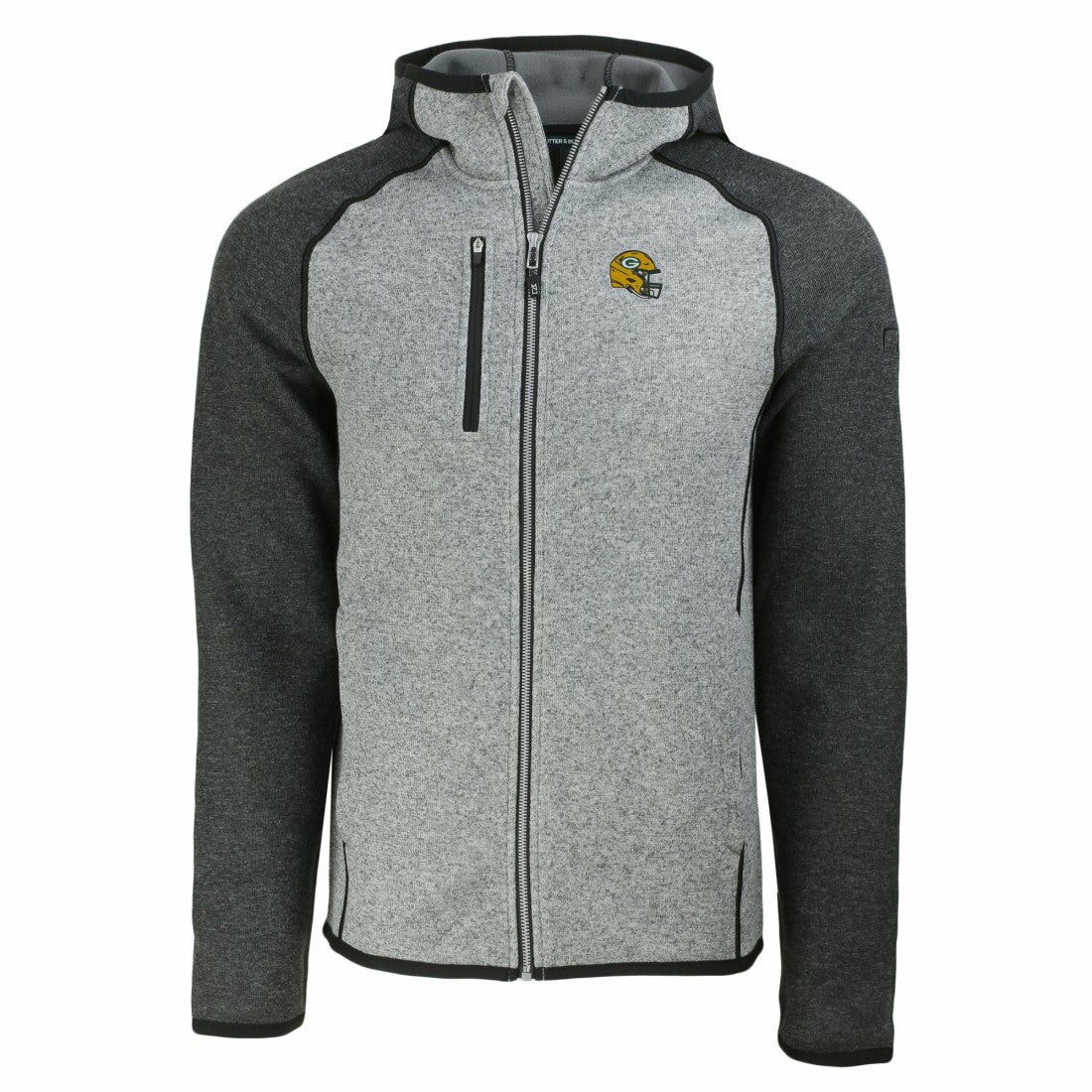 Green Bay Packers Cutter & Buck Helmet Mainsail Sweater-Knit Full-Zip Hoodie - Heather Gray/Heather Charcoal - NFL