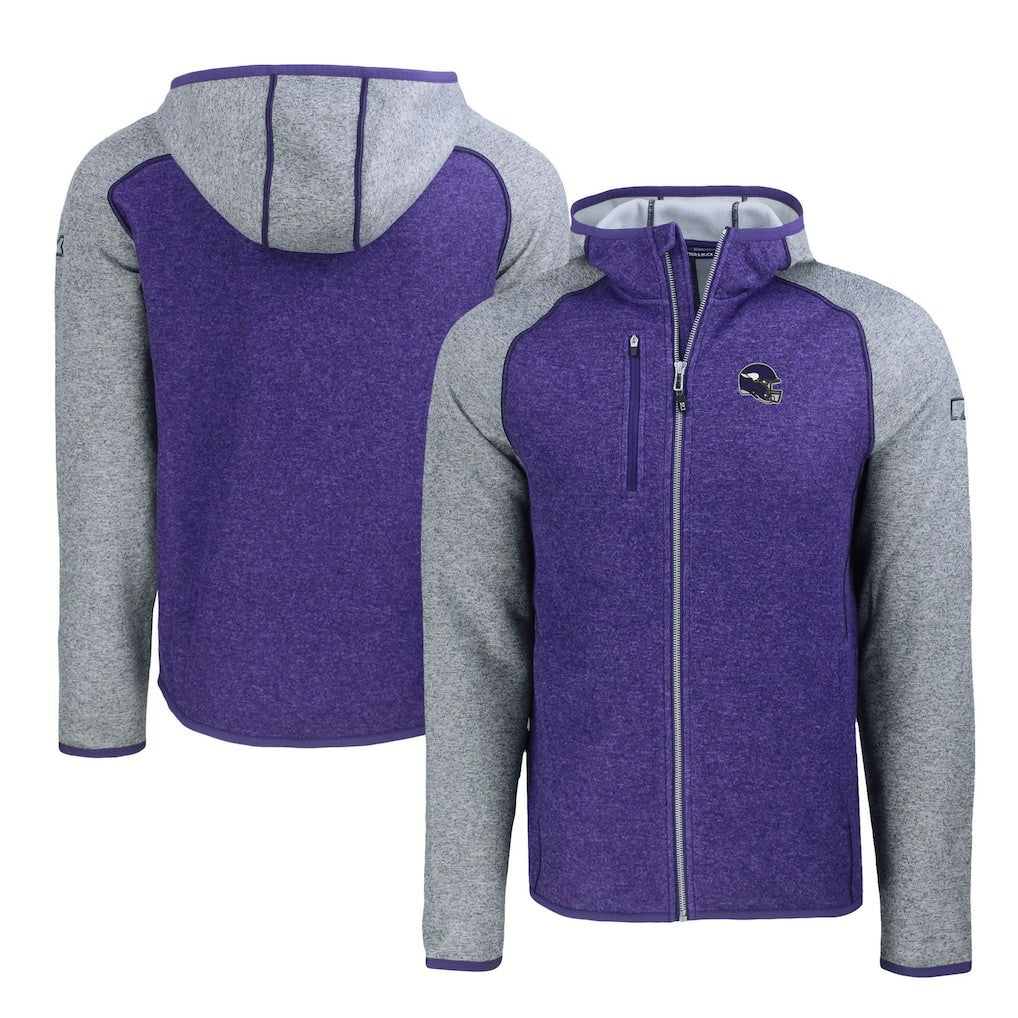 Minnesota Vikings Cutter & Buck Helmet Mainsail Sweater-Knit Full-Zip Hoodie - Heather Purple/Heather Gray - NFL
