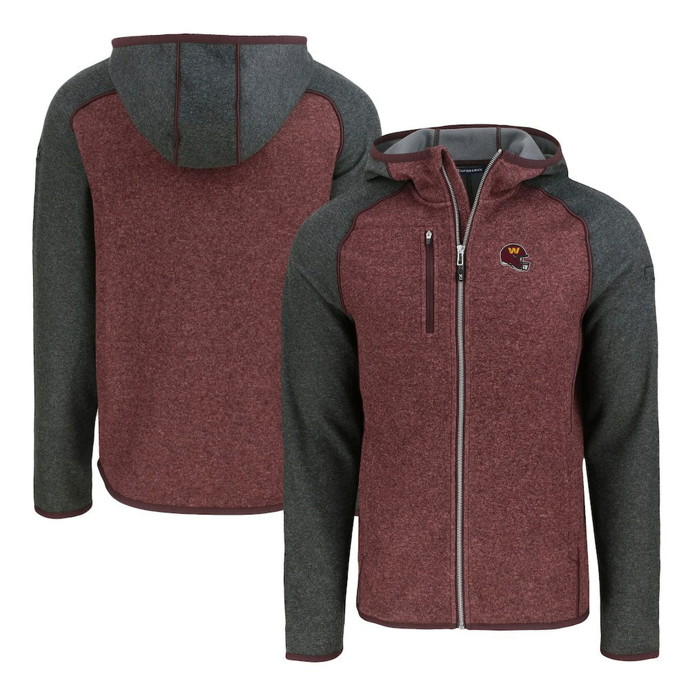 Washington Commanders Cutter & Buck Helmet Mainsail Sweater-Knit Full-Zip Hoodie - Burgundy/Heather Charcoal - NFL