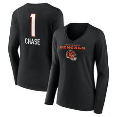 Ja'Marr Chase Cincinnati Bengals Women's Team Wordmark Player Name & Number Long Sleeve V-Neck T-Shirt - Black - NFL