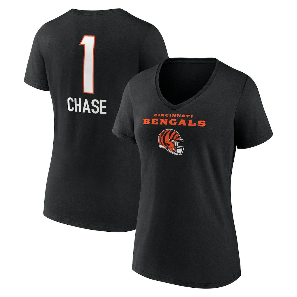 Ja'Marr Chase Cincinnati Bengals Women's Team Wordmark Player Name & Number V-Neck T-Shirt - Black - NFL