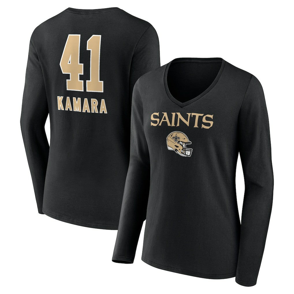 Alvin Kamara New Orleans Saints Women's Team Wordmark Player Name & Number Long Sleeve V-Neck T-Shirt - Black - NFL