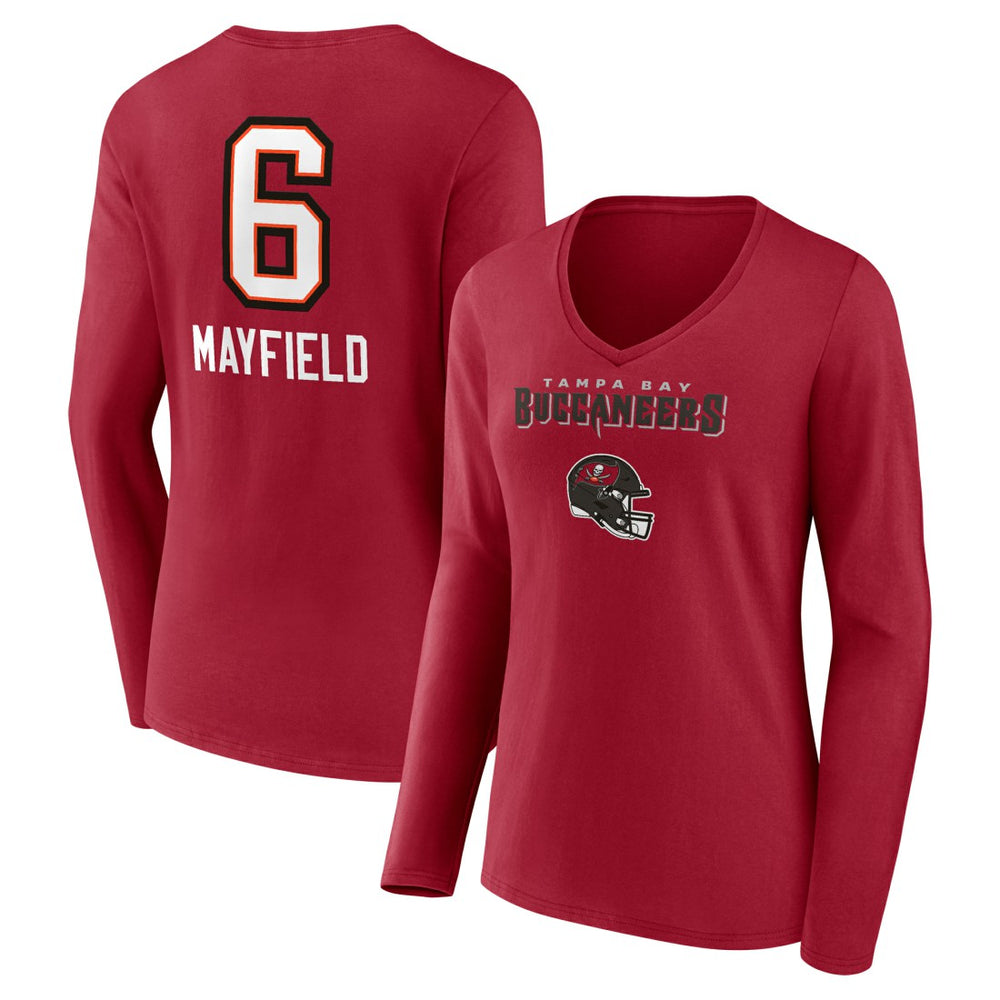 Baker Mayfield Tampa Bay Buccaneers Women's Team Wordmark Player Name & Number Long Sleeve V-Neck T-Shirt - Red - NFL