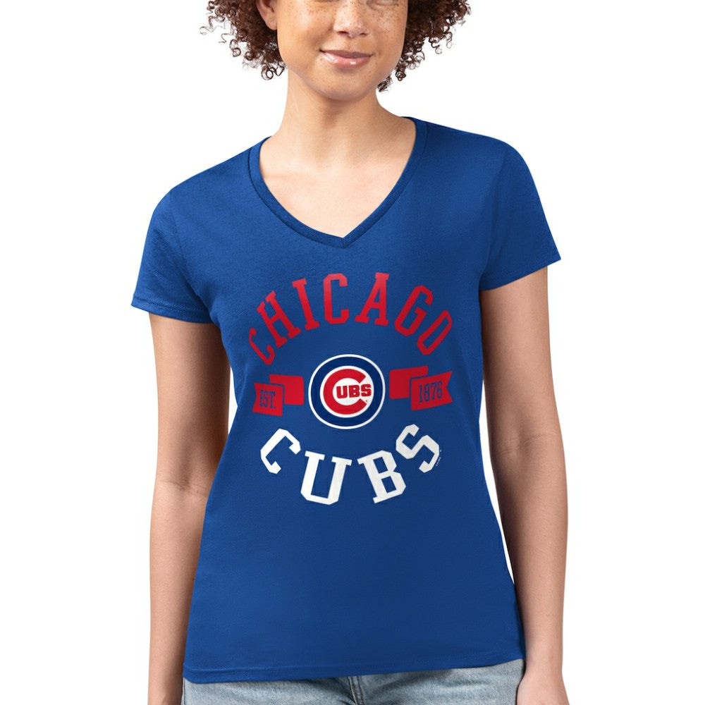 Chicago Cubs G-III 4Her by Carl Banks Women's Super-Slim Fit Lightweight City Graphic V-Neck T-Shirt Outlet