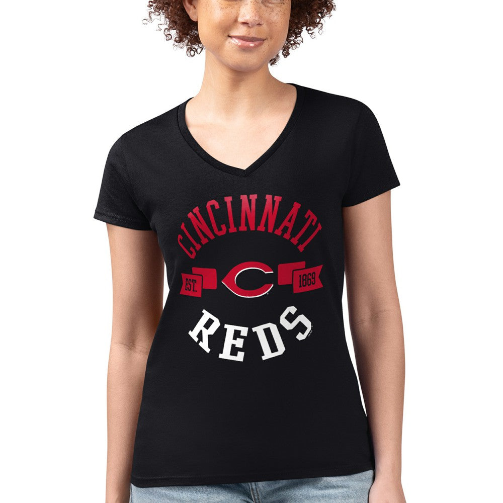 Cincinnati Reds G-III 4Her by Carl Banks Women's Super-Slim Fit Lightweight City Graphic V-Neck T-Shirt Outlet