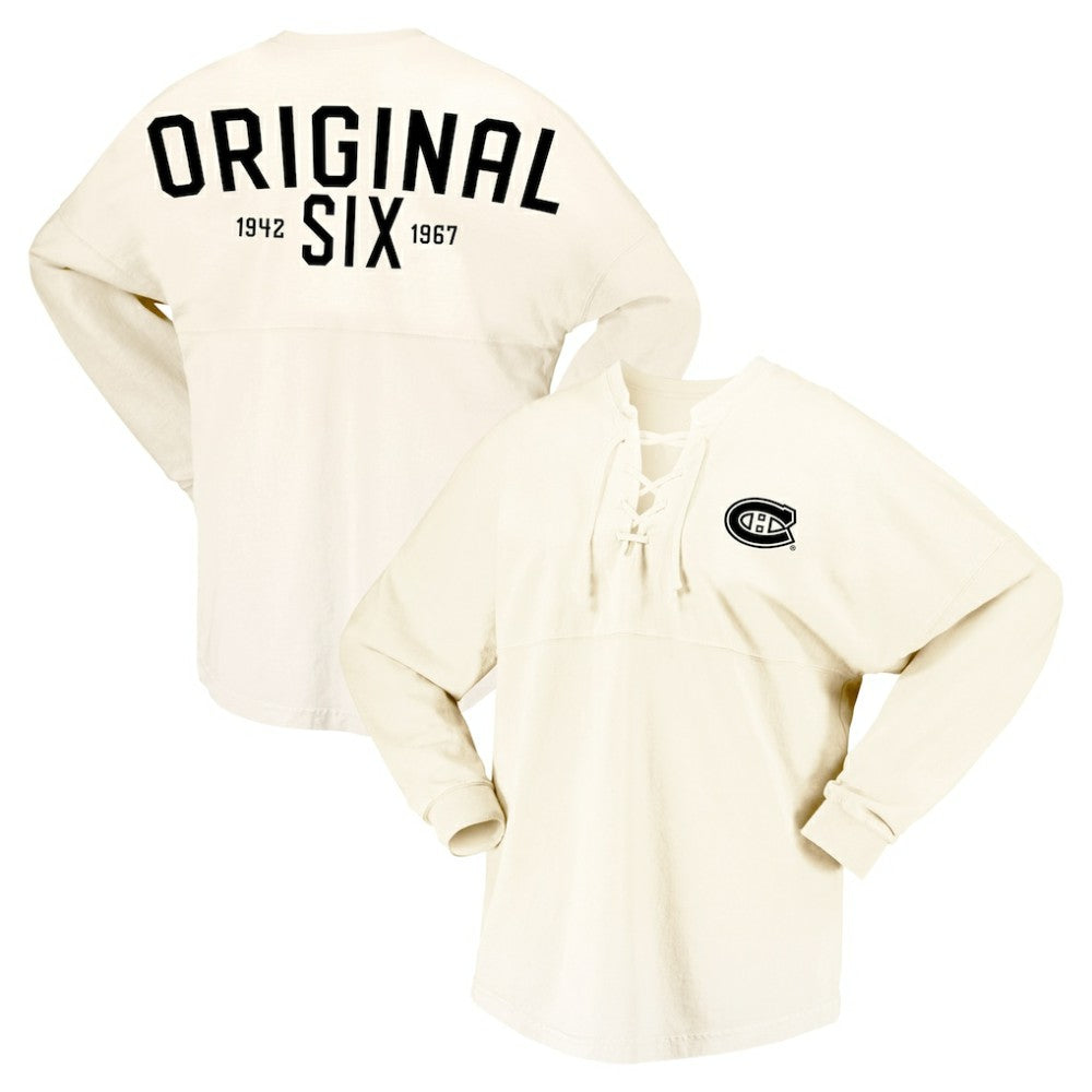 Montreal Canadiens Fanatics Women's Original Six Lace-Up Spirit Jersey Long Sleeve T-Shirt - Cream | Fanatics Clearance
