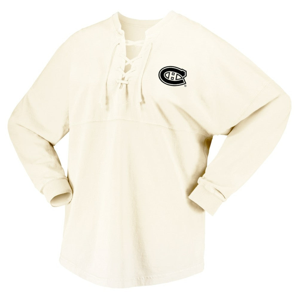 Montreal Canadiens Fanatics Women's Original Six Lace-Up Spirit Jersey Long Sleeve T-Shirt - Cream | Fanatics Clearance