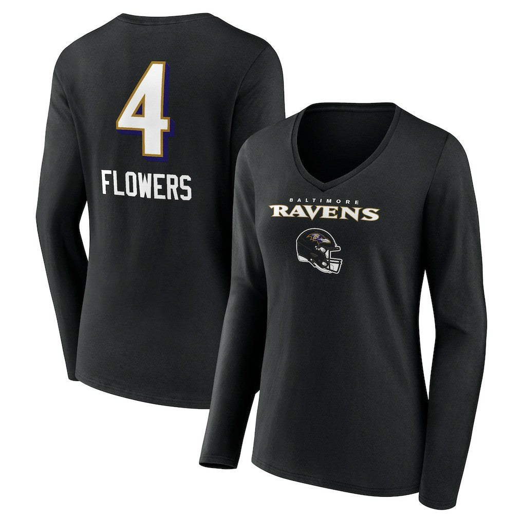 Zay Flowers Baltimore Ravens Women's Team Wordmark Player Name & Number Long Sleeve V-Neck T-Shirt - Black - NFL