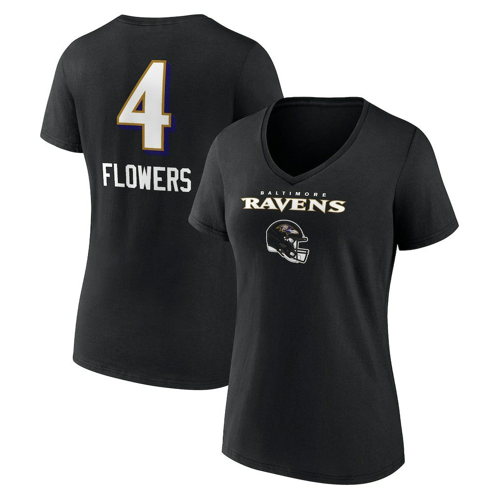Zay Flowers Baltimore Ravens Women's Team Wordmark Player Name & Number V-Neck T-Shirt - Black - NFL