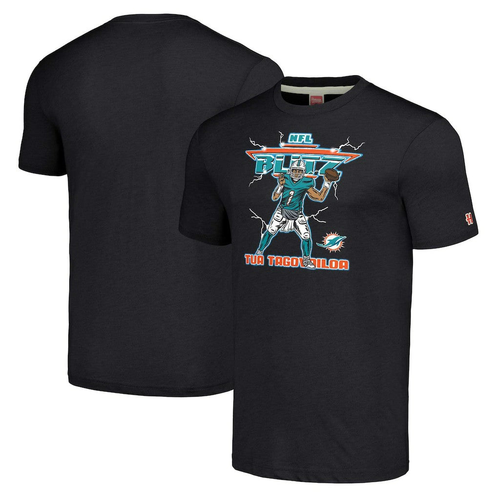 Tua Tagovailoa Miami Dolphins Homage Unisex NFL Blitz Player Tri-Blend T-Shirt - Heathered Heather Black - NFL