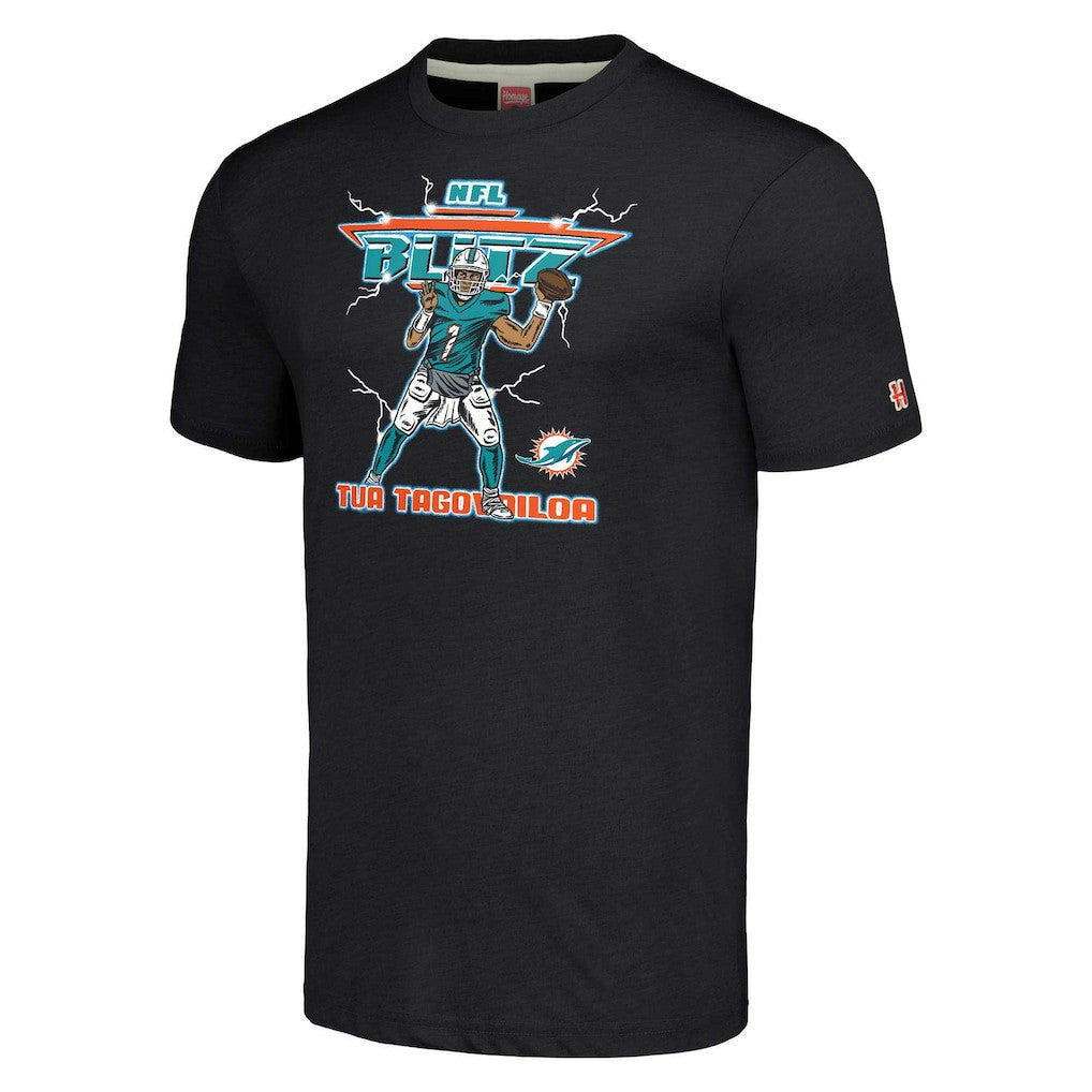 Tua Tagovailoa Miami Dolphins Homage Unisex NFL Blitz Player Tri-Blend T-Shirt - Heathered Heather Black - NFL
