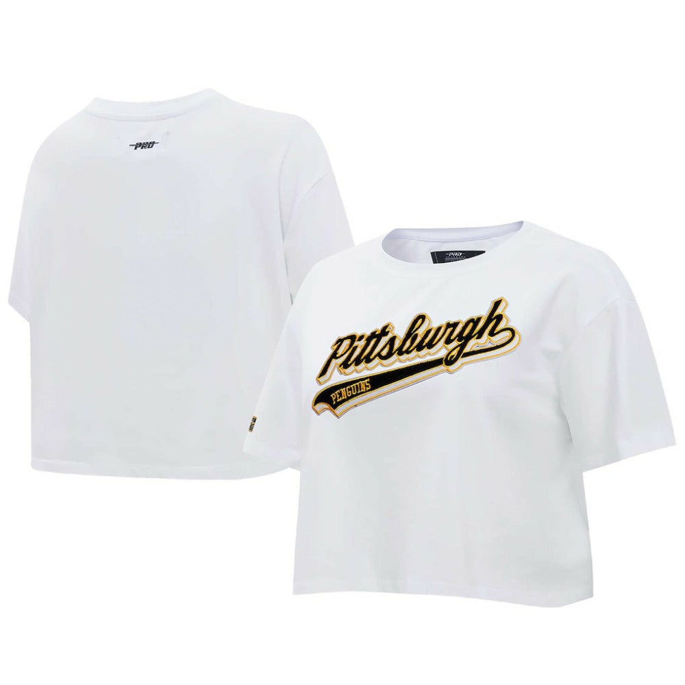 Pittsburgh Penguins Pro Standard Women's Boxy Script Tail Cropped T-Shirt - White | NHL Clearance
