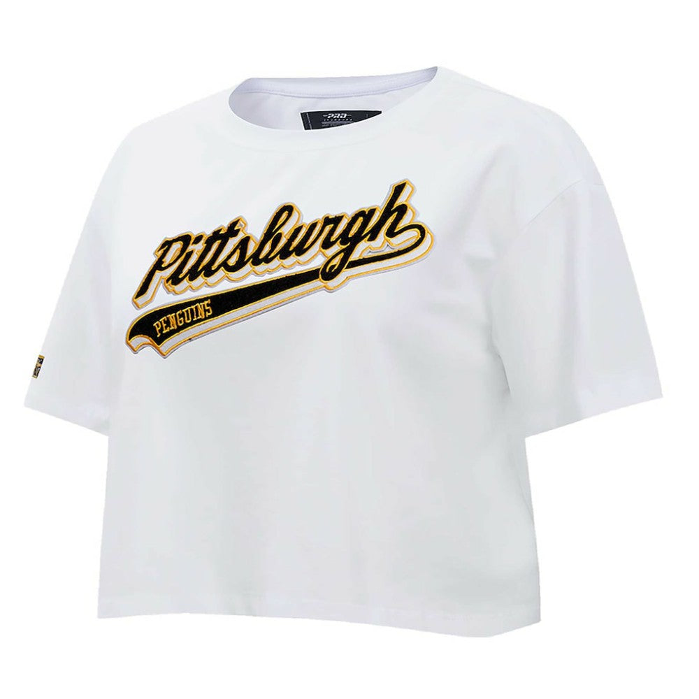 Pittsburgh Penguins Pro Standard Women's Boxy Script Tail Cropped T-Shirt - White | NHL Clearance