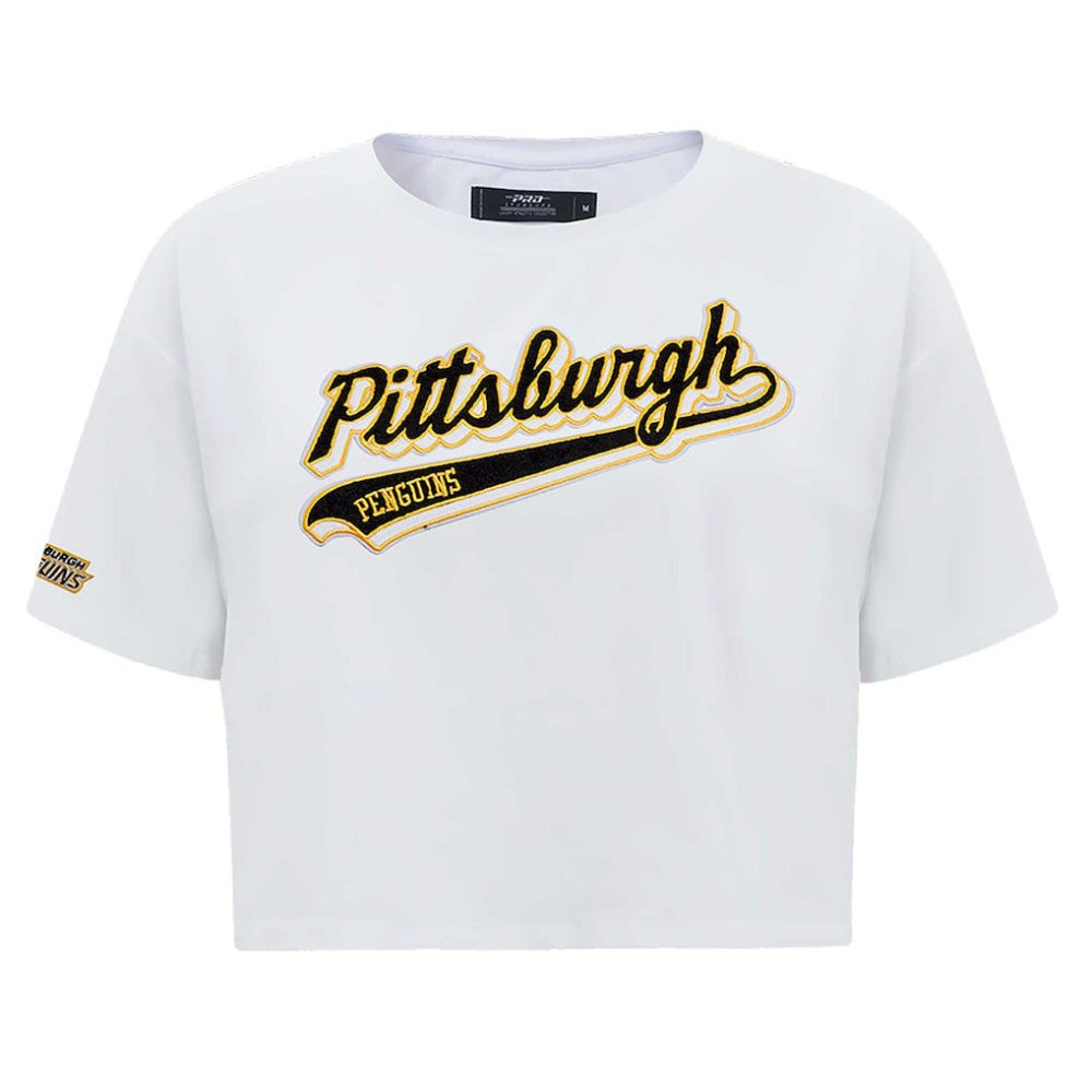 Pittsburgh Penguins Pro Standard Women's Boxy Script Tail Cropped T-Shirt - White | NHL Clearance