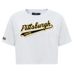Pittsburgh Penguins Pro Standard Women's Boxy Script Tail Cropped T-Shirt - White | NHL Clearance