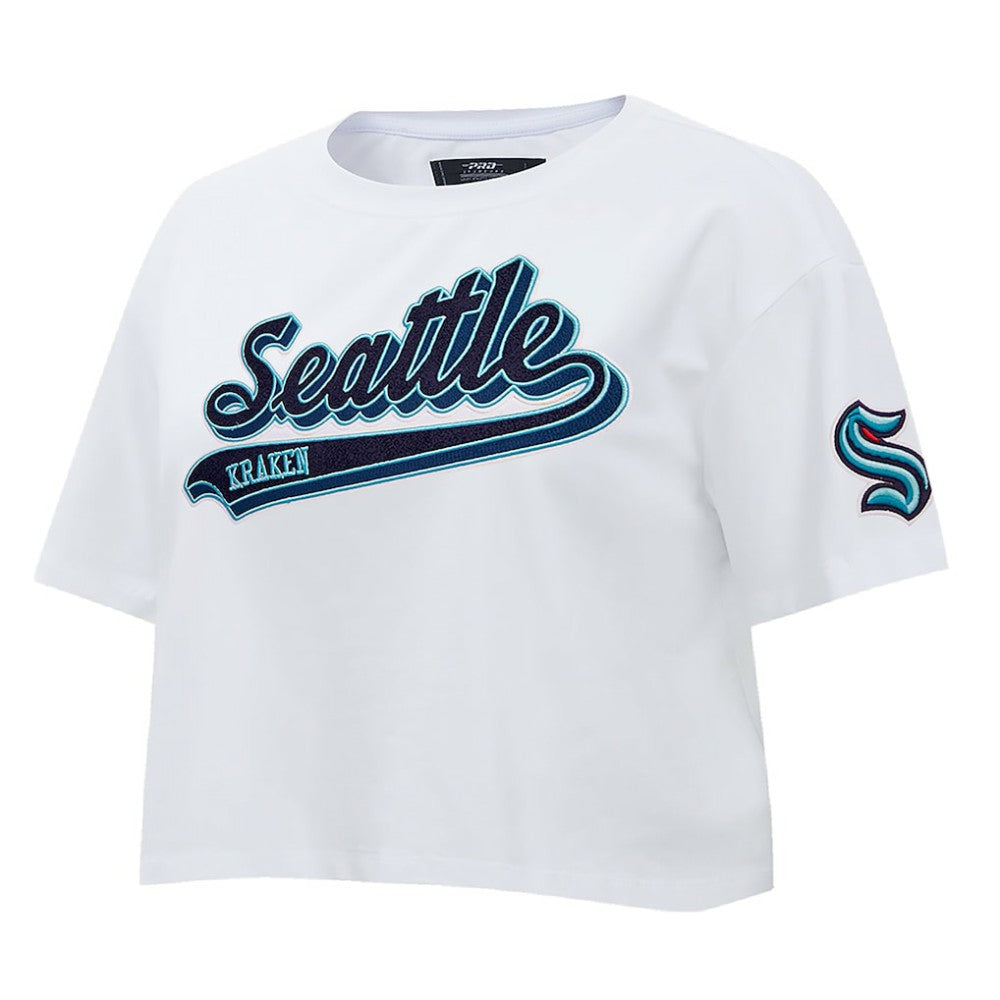 Seattle Kraken Pro Standard Women's Boxy Script Tail Cropped T-Shirt - White | NHL on sale