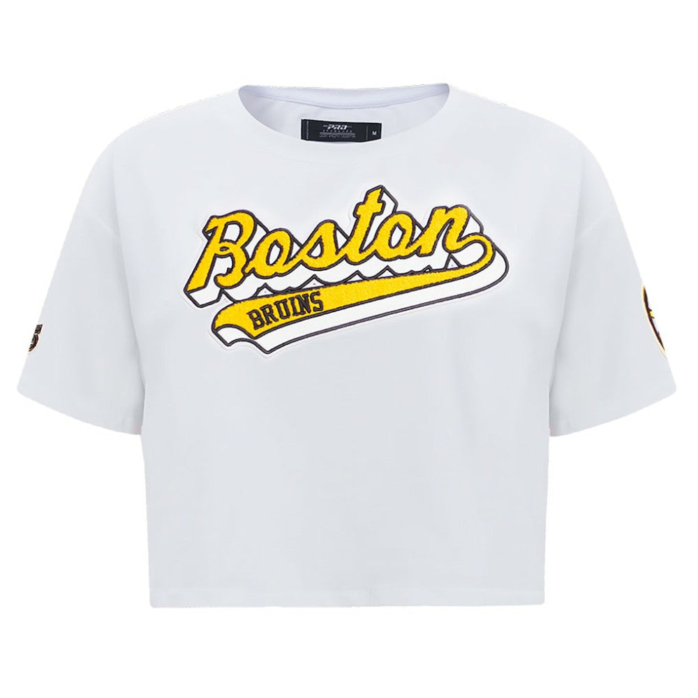 Boston Bruins Pro Standard Women's Boxy Script Tail Cropped T-Shirt - White | NHL near me