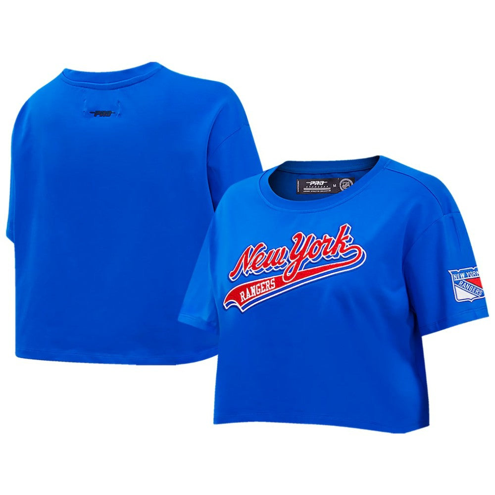 New York Rangers Pro Standard Women's Boxy Script Tail Cropped T-Shirt - Blue | NHL sale