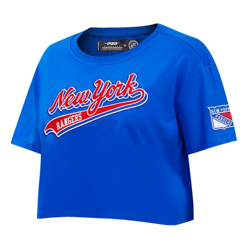 New York Rangers Pro Standard Women's Boxy Script Tail Cropped T-Shirt - Blue | NHL sale