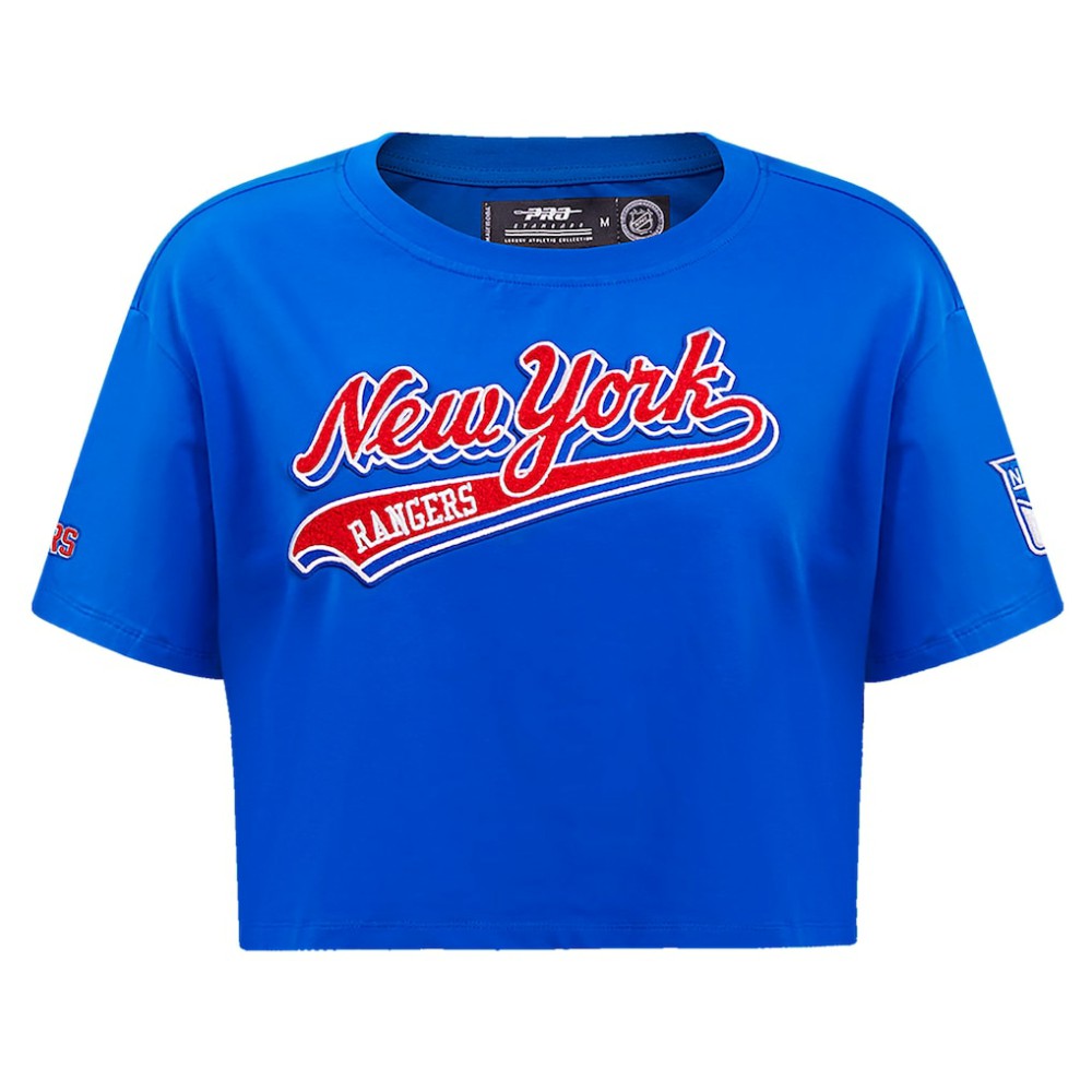 New York Rangers Pro Standard Women's Boxy Script Tail Cropped T-Shirt - Blue | NHL sale