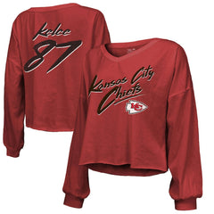 Travis Kelce Kansas City Chiefs Majestic Threads Women's Name & Number Off-Shoulder Script Cropped Long Sleeve V-Neck T-Shirt - Red - NFL