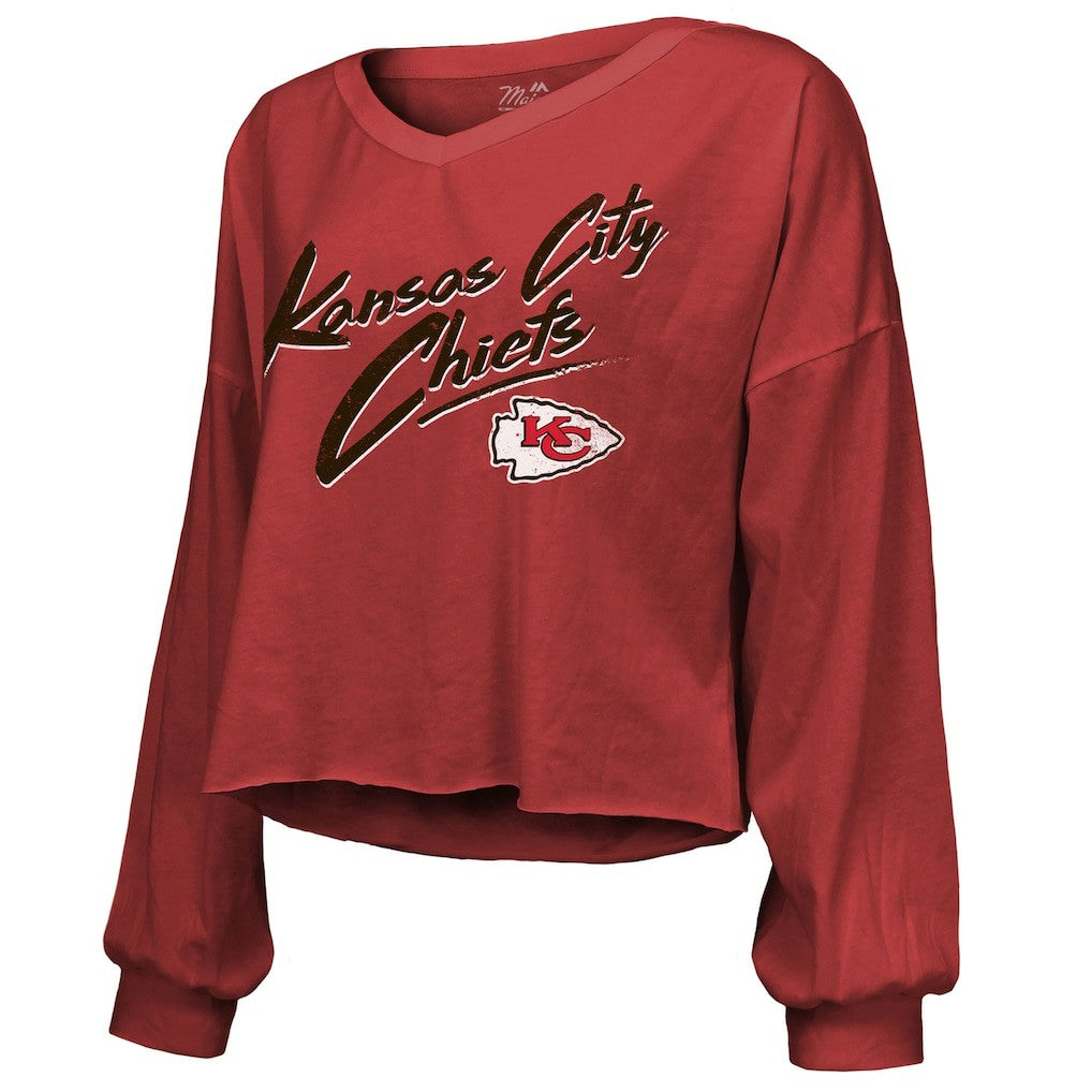Travis Kelce Kansas City Chiefs Majestic Threads Women's Name & Number Off-Shoulder Script Cropped Long Sleeve V-Neck T-Shirt - Red - NFL