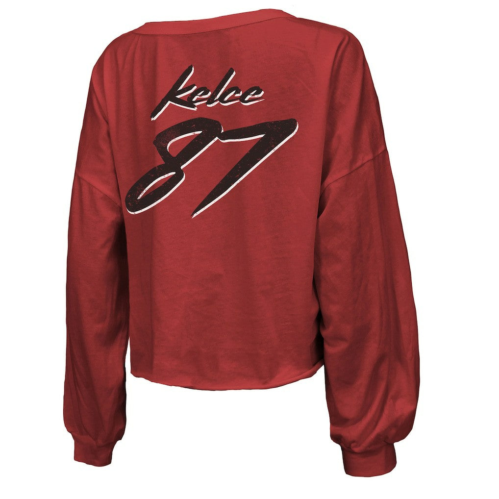 Travis Kelce Kansas City Chiefs Majestic Threads Women's Name & Number Off-Shoulder Script Cropped Long Sleeve V-Neck T-Shirt - Red - NFL