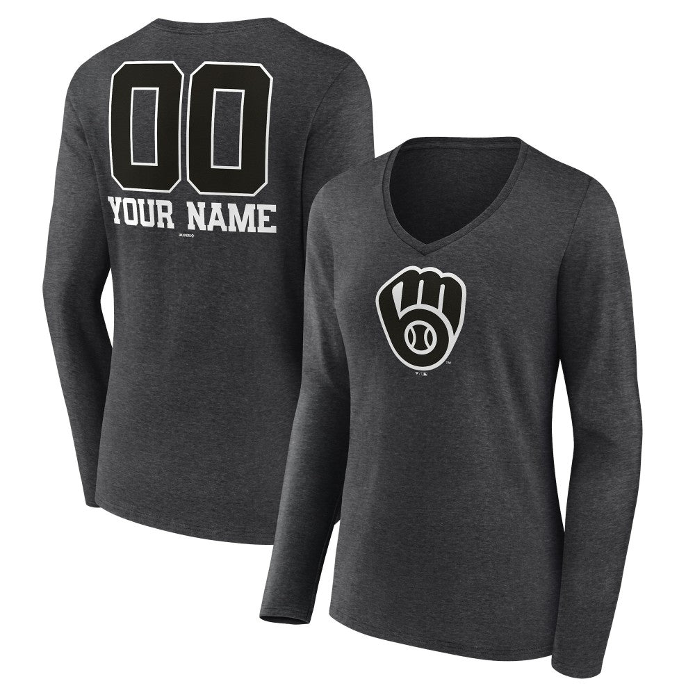 Milwaukee Brewers Women's Personalized Monochrome Name & Number Long Sleeve V-Neck T-Shirt Discount