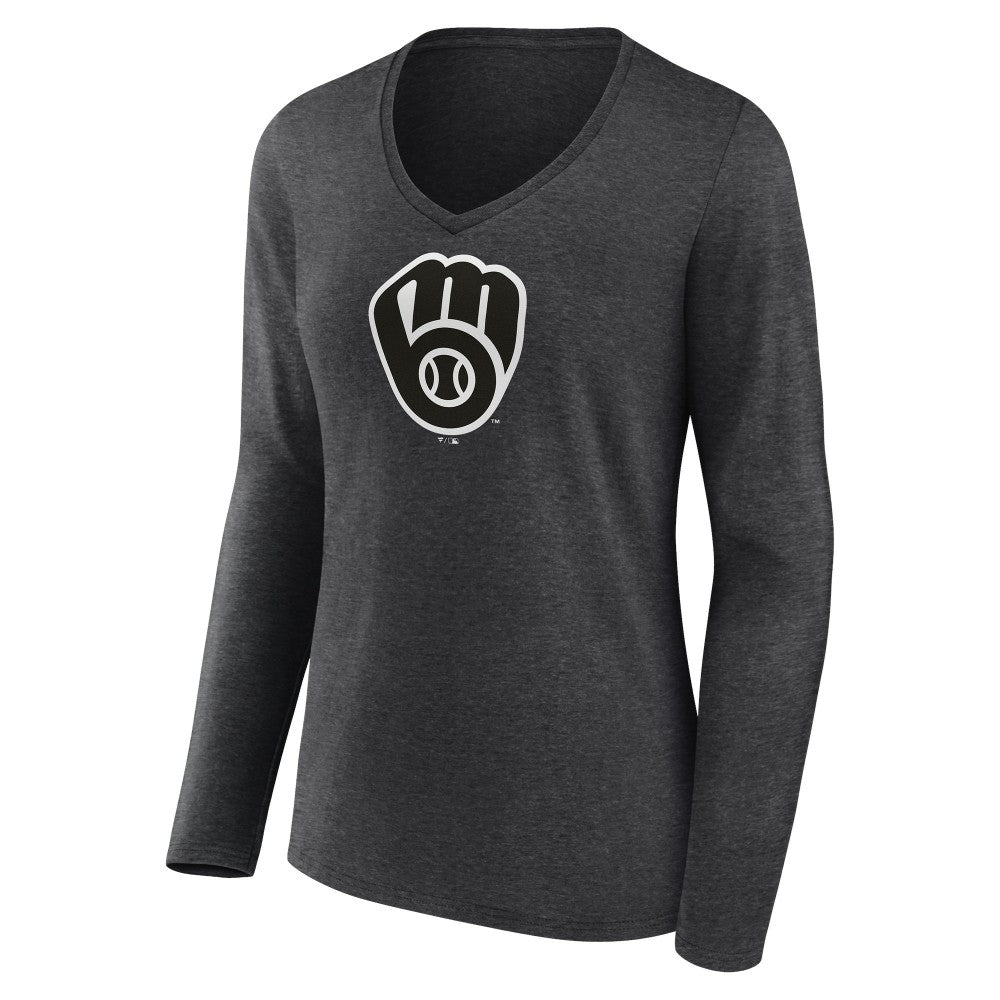 Milwaukee Brewers Women's Personalized Monochrome Name & Number Long Sleeve V-Neck T-Shirt Discount