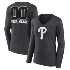 Philadelphia Phillies Women's Personalized Monochrome Name & Number Long Sleeve V-Neck T-Shirt Discount