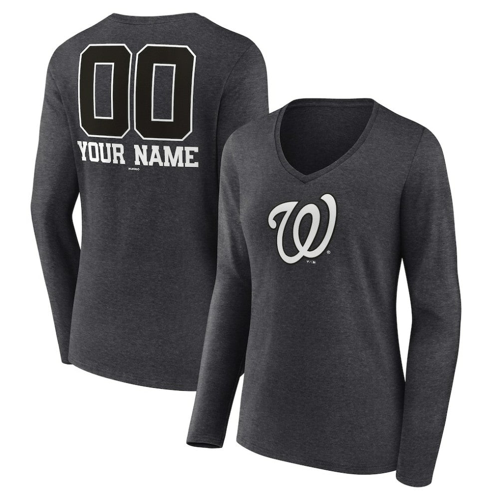 Washington Nationals Women's Personalized Monochrome Name & Number Long Sleeve V-Neck T-Shirt Sale