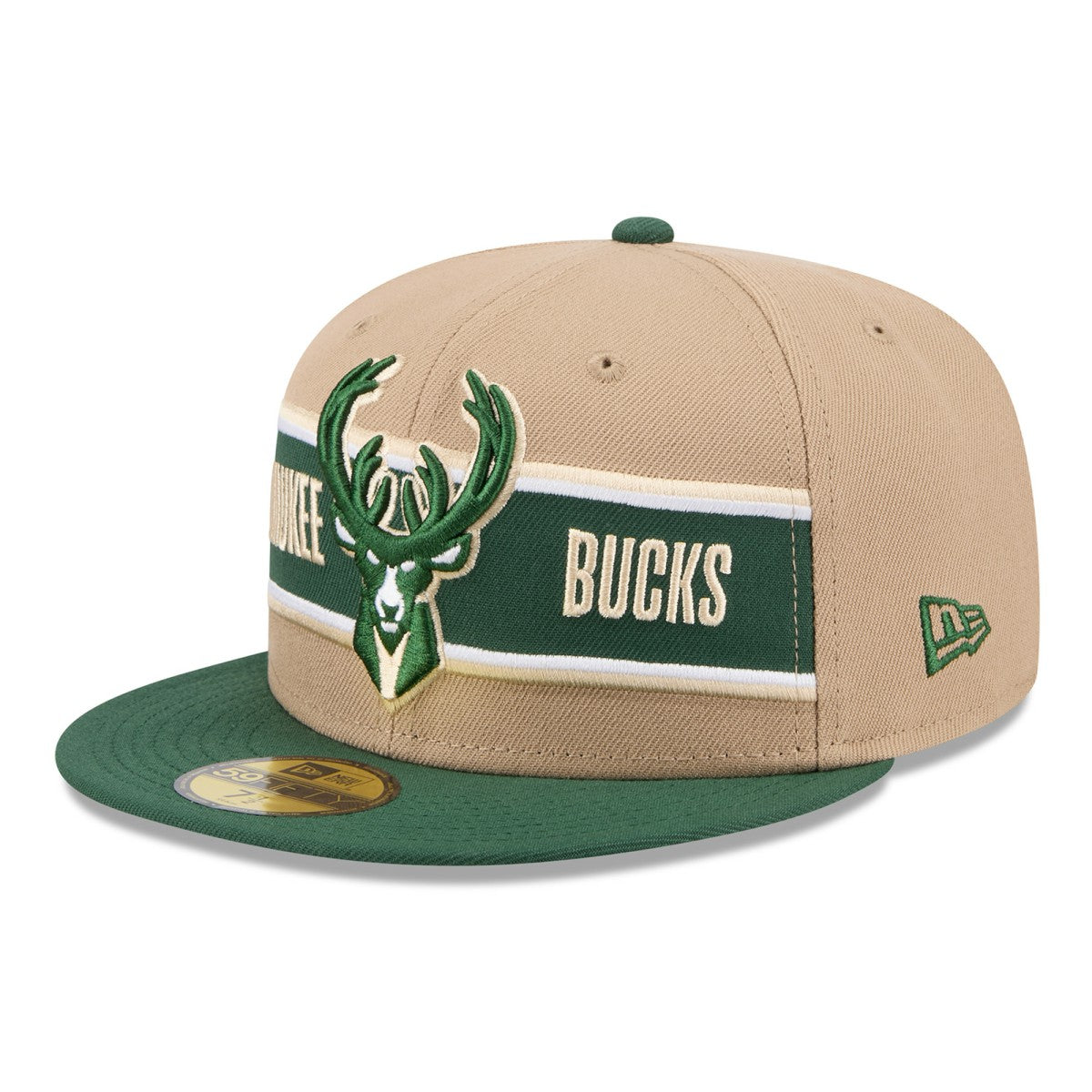 New Era Milwaukee Bucks 2024 NBA Draft 59FIFTY Fitted Hat Tan/Hunter Green