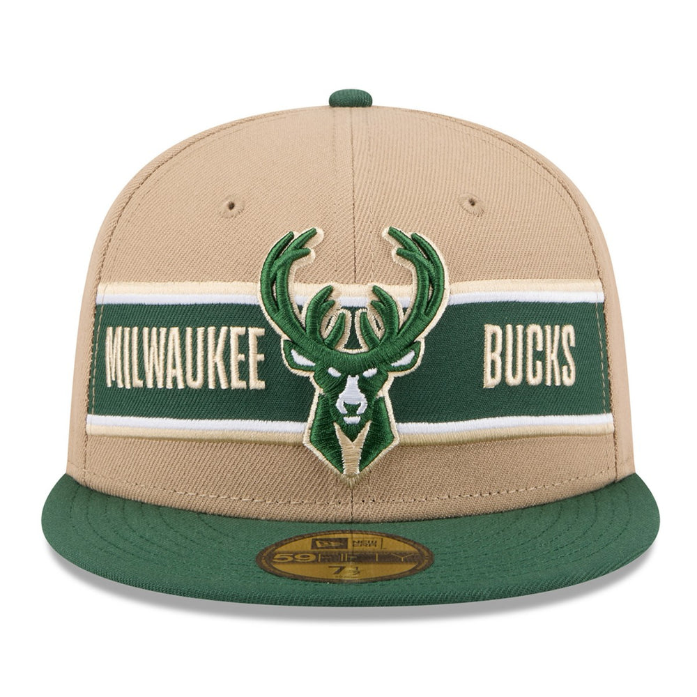 New Era Milwaukee Bucks 2024 NBA Draft 59FIFTY Fitted Hat Tan/Hunter Green