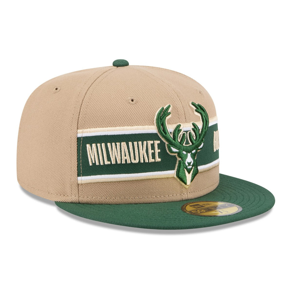 New Era Milwaukee Bucks 2024 NBA Draft 59FIFTY Fitted Hat Tan/Hunter Green