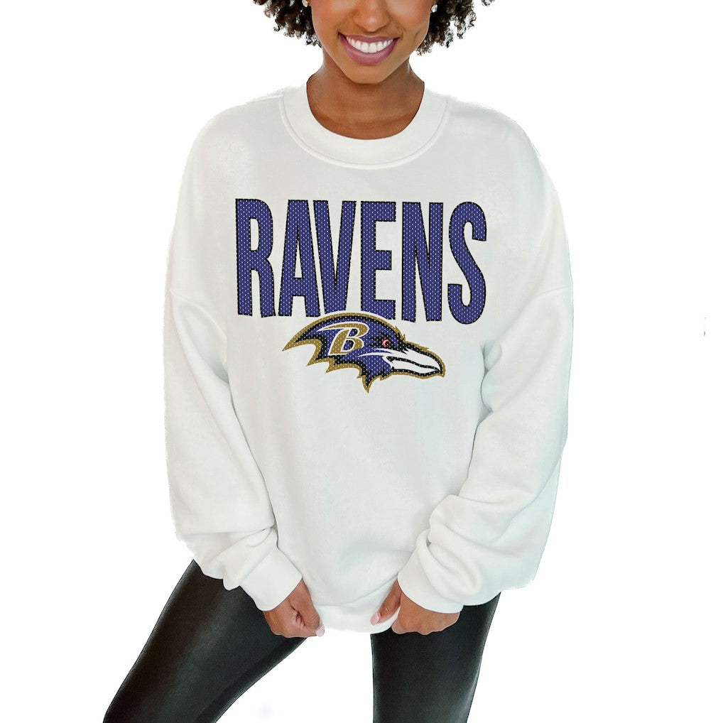 Baltimore Ravens Gameday Couture Women's Just Go With It Oversized Long Sleeve Crewneck Sweatshirt – White - NFL