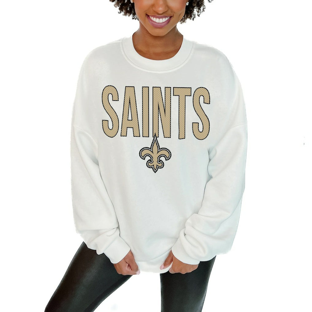 New Orleans Saints Gameday Couture Women's Just Go With It Oversized Long Sleeve Crewneck Sweatshirt – White - NFL