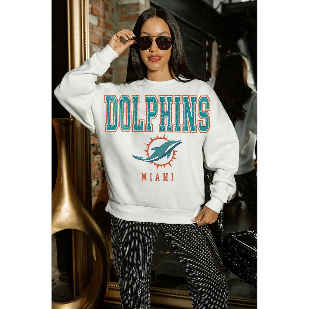 Miami Dolphins Gameday Couture Women's Sunday Drives Oversized Crewneck Pullover Sweatshirt – White - NFL