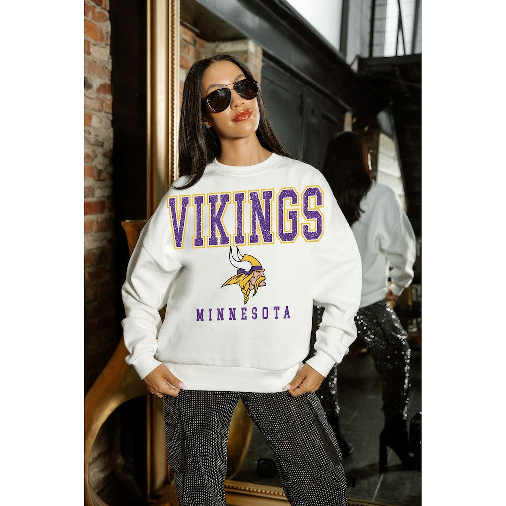 Minnesota Vikings Gameday Couture Women's Sunday Drives Oversized Crewneck Pullover Sweatshirt – White - NFL
