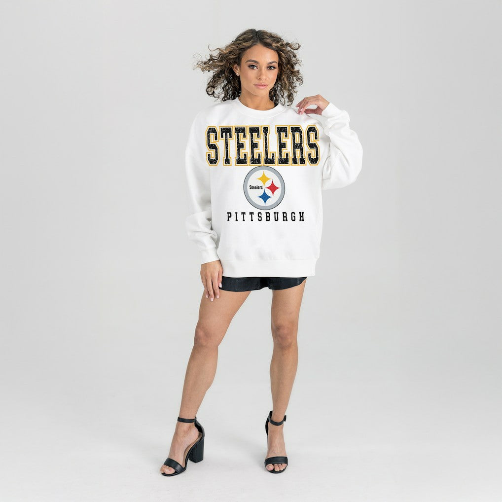 Pittsburgh Steelers Gameday Couture Women's Sunday Drives Oversized Crewneck Pullover Sweatshirt – White - NFL